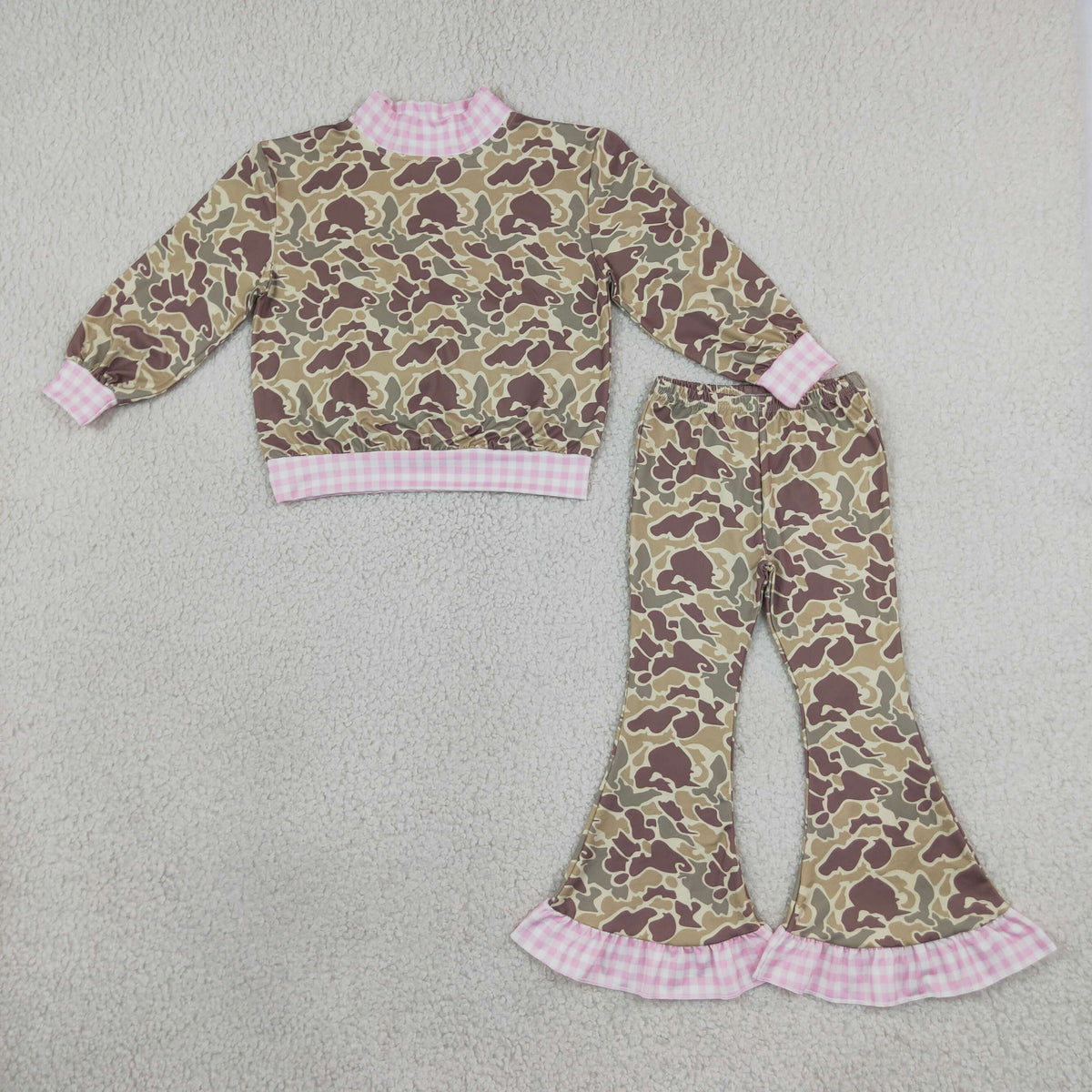 Baby Girls Pink Khaki Camo Choker Top Bell Bottom Pant Clothes Set