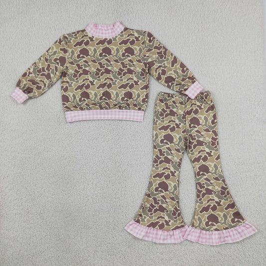 Baby Girls Pink Khaki Camo Choker Top Bell Bottom Pant Clothes Set