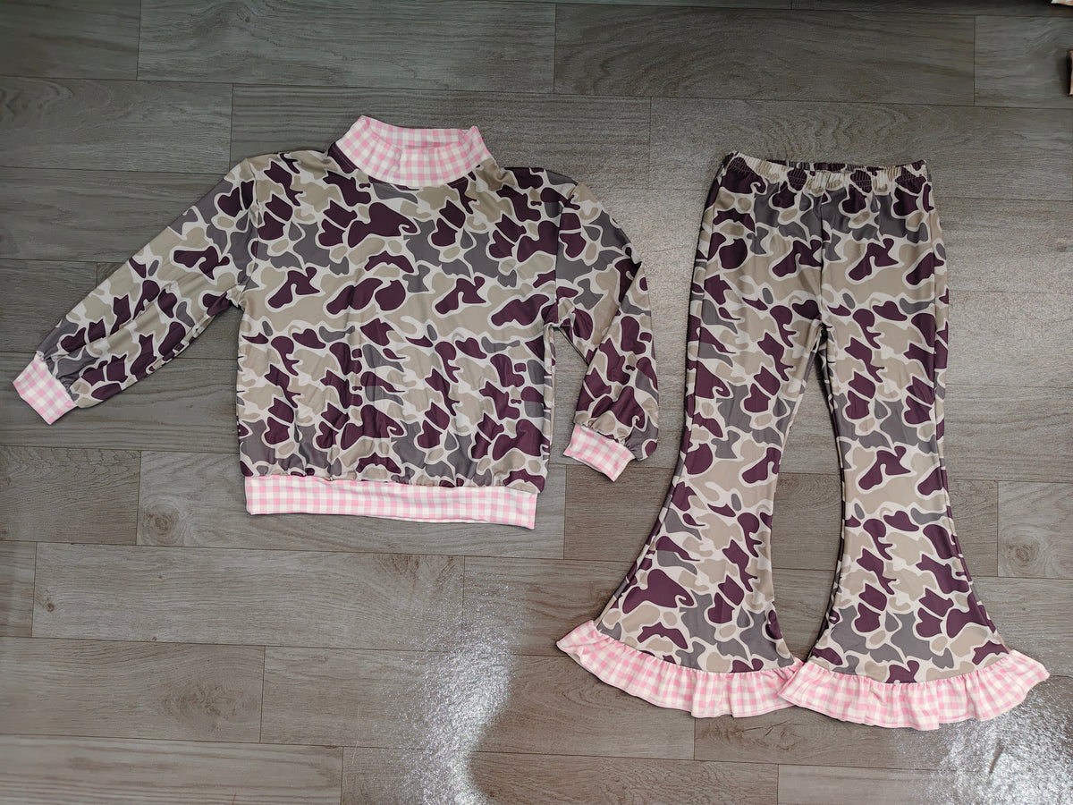 Baby Girls Grey Camo Choker Top Ruffle Flare Pant Clothes Set Preorder