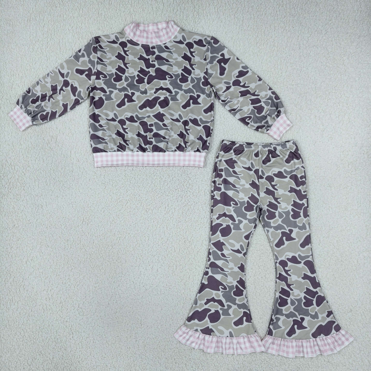 Sibling Baby Boys Girls Long Sleeves Grey Khaki Camo Choker Tops Pants Clothes Sets
