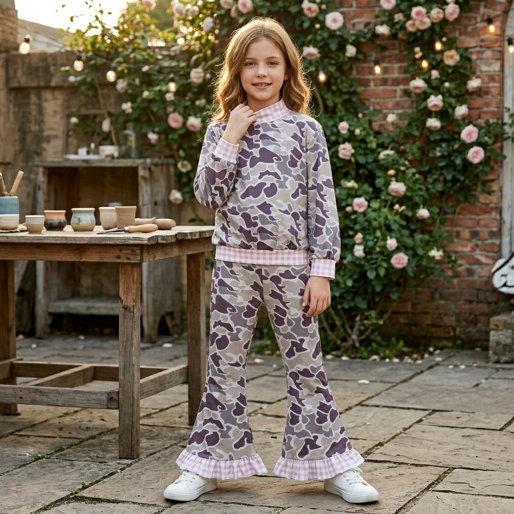 Baby Girls Long Sleeve Grey Camo Choker Top Ruffle Flare Pant Clothes Set