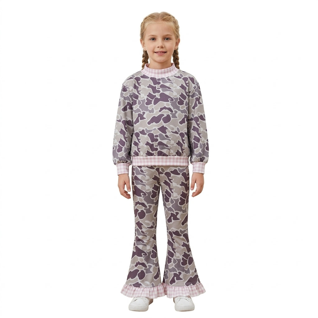 Baby Girls Long Sleeve Grey Camo Choker Top Ruffle Flare Pant Clothes Set