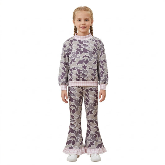 Baby Girls Long Sleeve Grey Camo Choker Top Ruffle Flare Pant Clothes Set