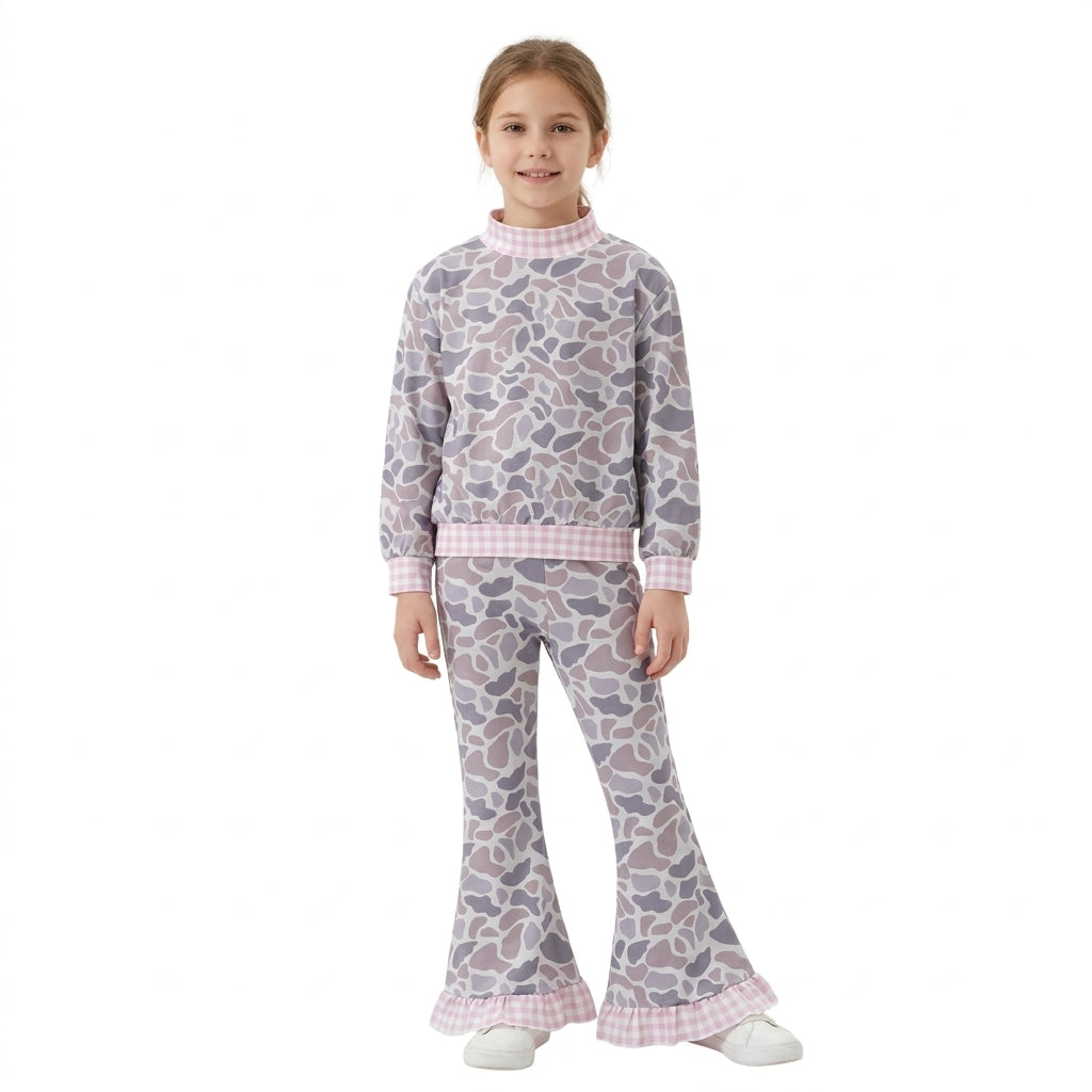 Baby Girls Pink Light Grey Camo Choker Top Ruffle Flare Pant Clothes Set
