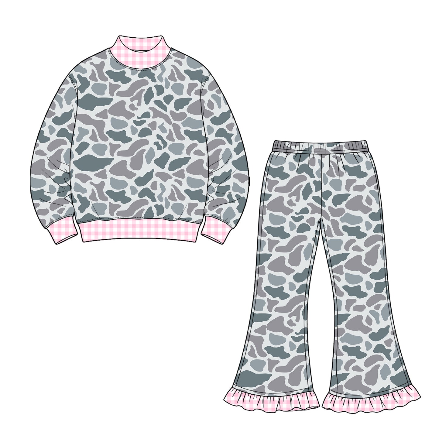 Preorder moq 5 Baby Girls Southern Light Grey Camo Top Ruffle Flare Pant Clothes Set