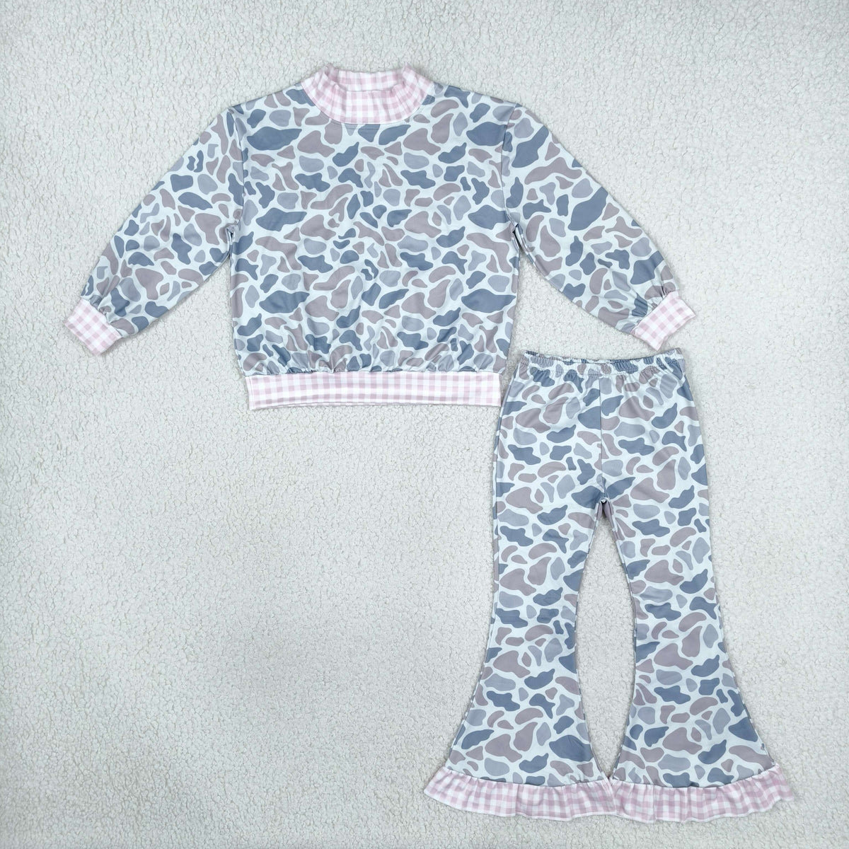 Baby Girls Pink Light Grey Camo Choker Top Ruffle Flare Pant Clothes Set