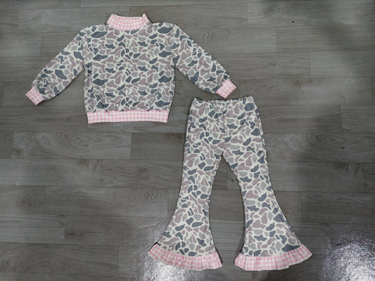 Preorder moq 5 Baby Girls Southern Light Grey Camo Top Ruffle Flare Pant Clothes Set