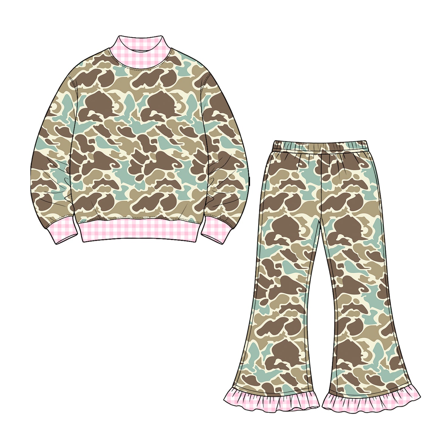 Preorder moq 5 Baby Girls Southern Green Camo Top Ruffle Flare Pant Clothes Set