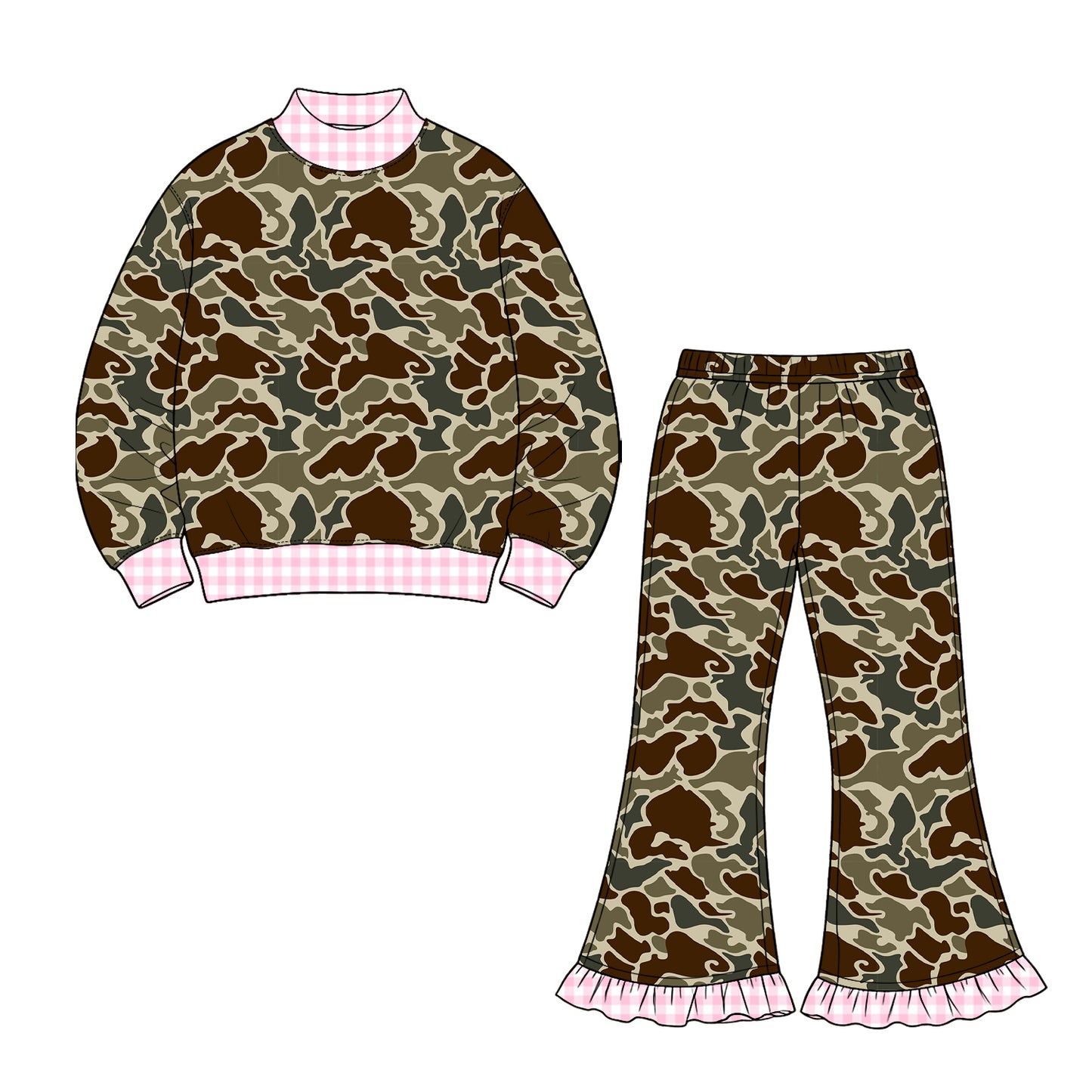 Preorder moq 5 Baby Girls Southern Dark Khaki Camo Top Ruffle Flare Pant Clothes Set