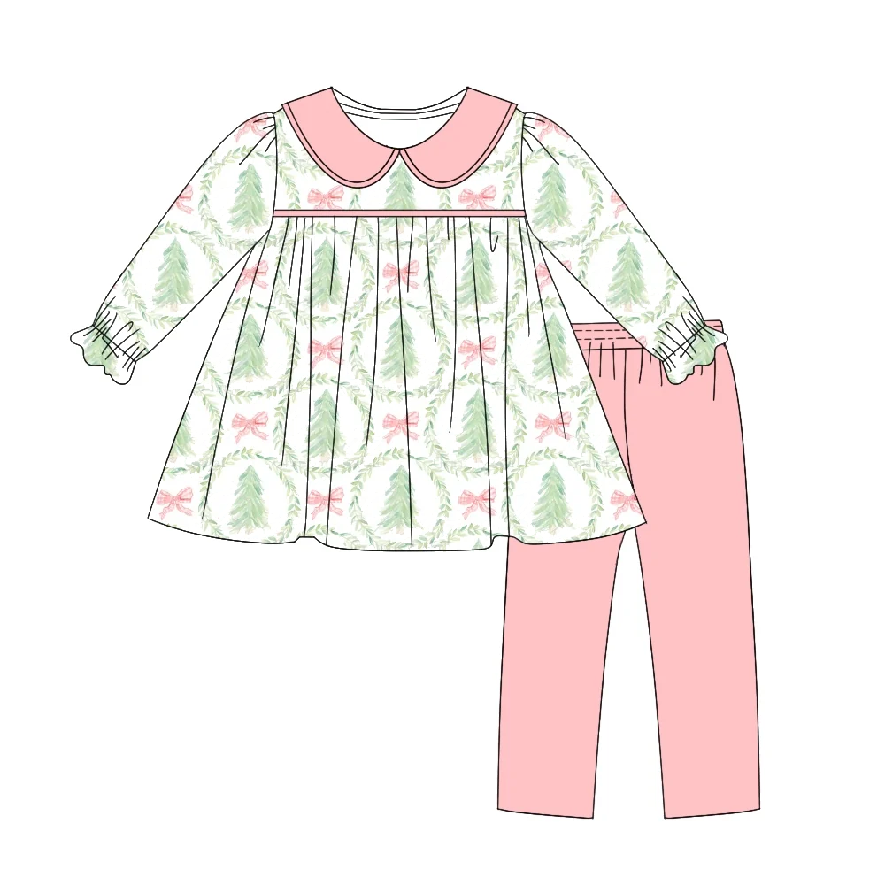 Preorder moq 5 Baby Girls Bows Trees Collar Tunic Leggings Christmas Clothes Set