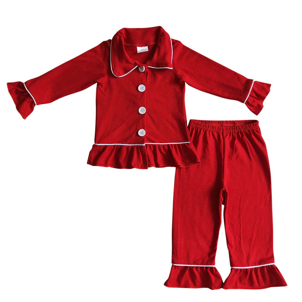 Preorder moq 5 Adult Women Red Long Sleeve Button Top Ruffle Pant Pajamas Set
