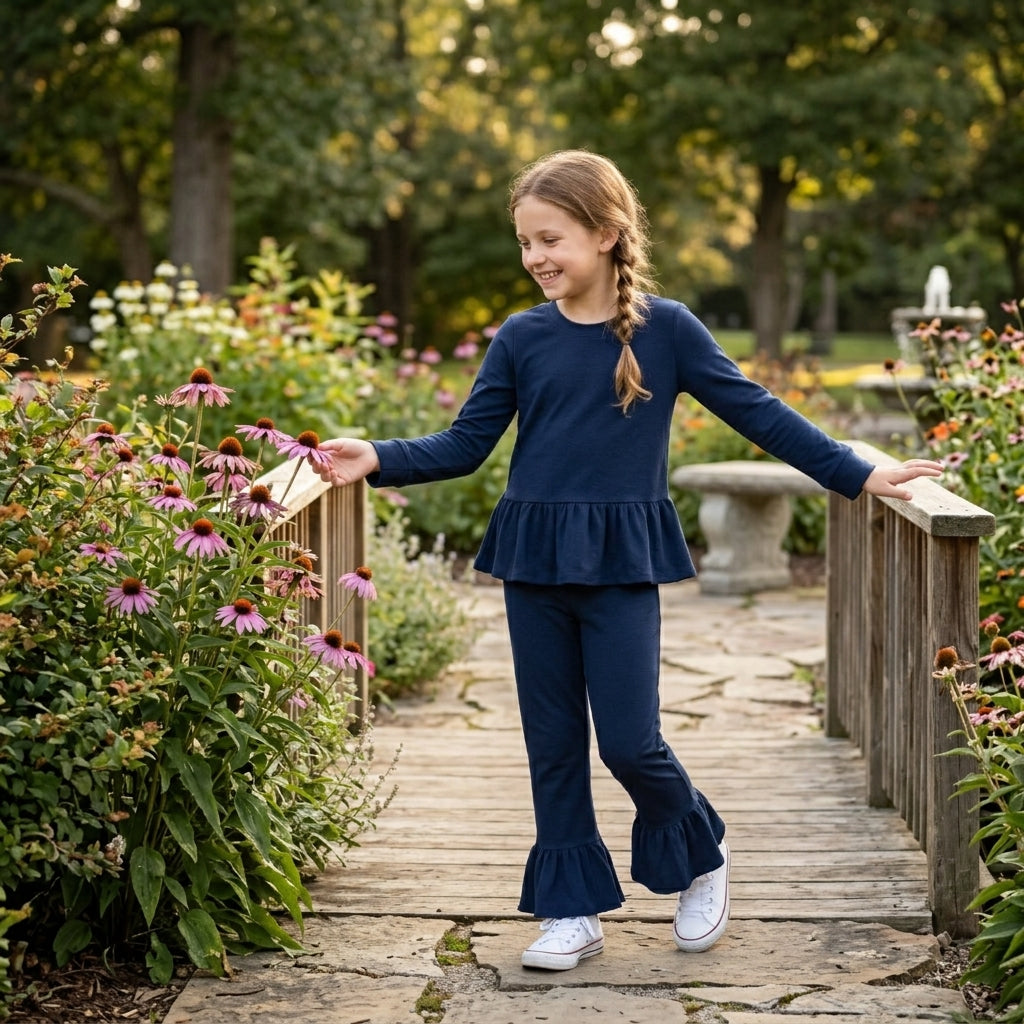 Baby Girls Navy Long Sleeve Tunic Ruffle Pant Clothes Set