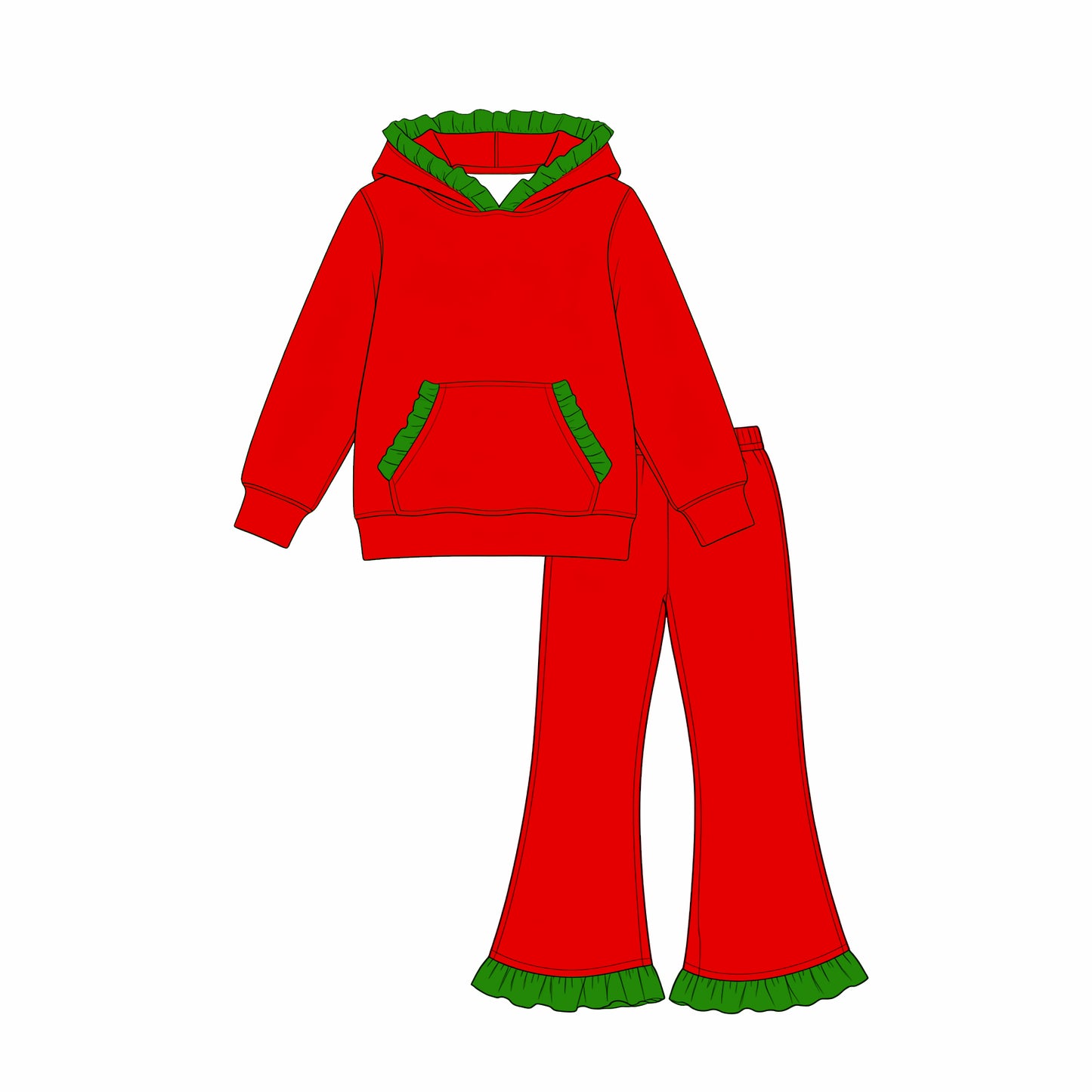 Preorder(moq 5) Baby Boys Red Pocket Ruffle Hoodie Bell Bottom Pant Christmas Clothes Set