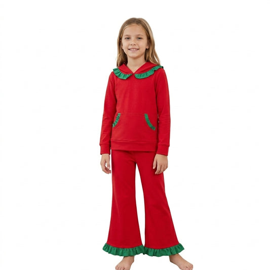 Baby Boys Red Green Pocket Ruffle Hoodie Flare Pant Clothes Set