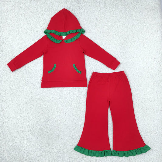 Baby Boys Red Green Pocket Ruffle Hoodie Flare Pant Clothes Set