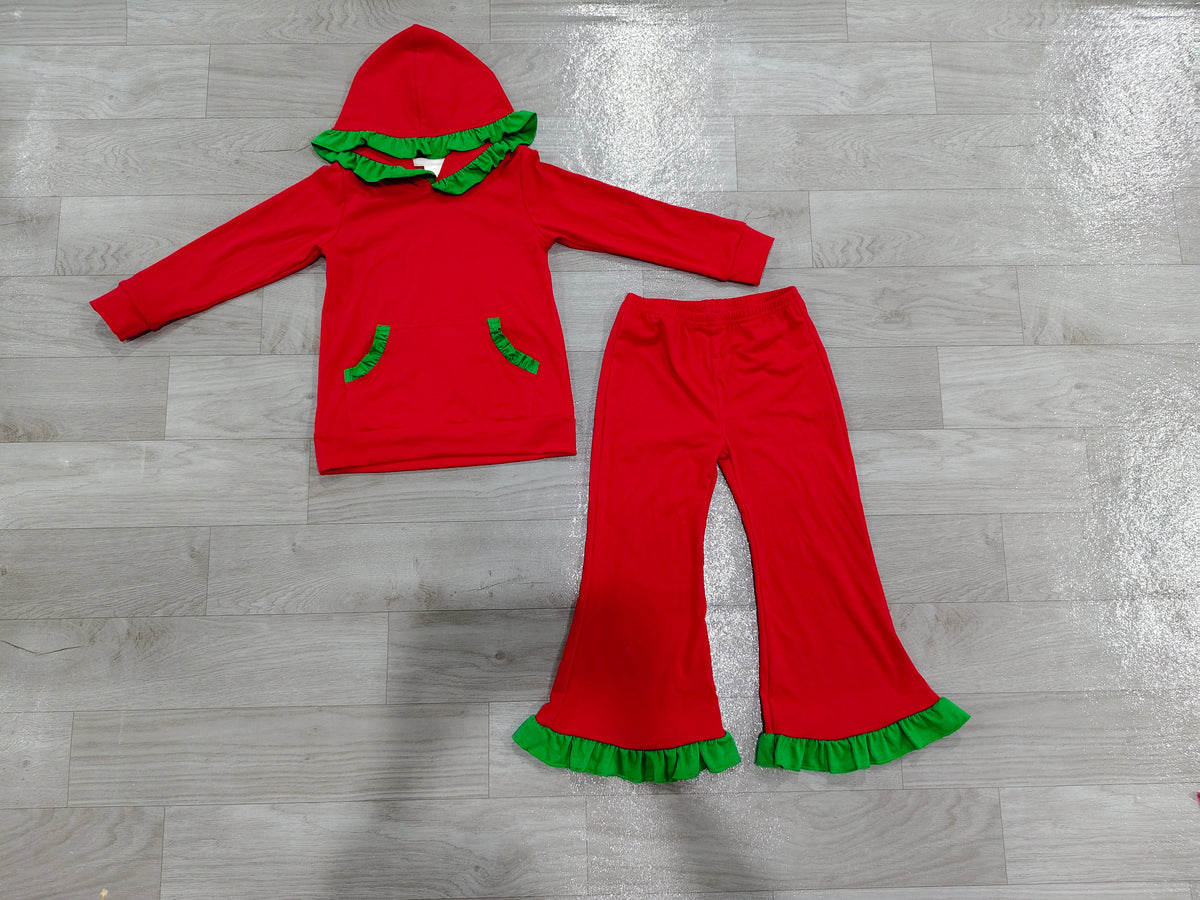 Baby Boys Red Pocket Ruffle Hoodie Bell Bottom Pant Christmas Clothes Set Preorder