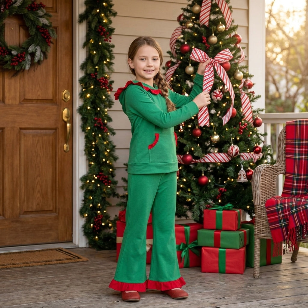 Baby Boys Green Pocket Ruffle Hoodie Bell Bottom Pant Christmas Clothes Set