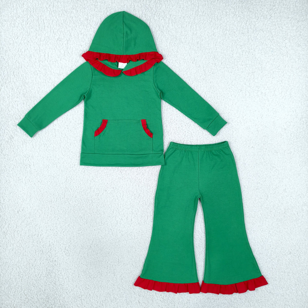 Baby Boys Green Pocket Ruffle Hoodie Bell Bottom Pant Christmas Clothes Set