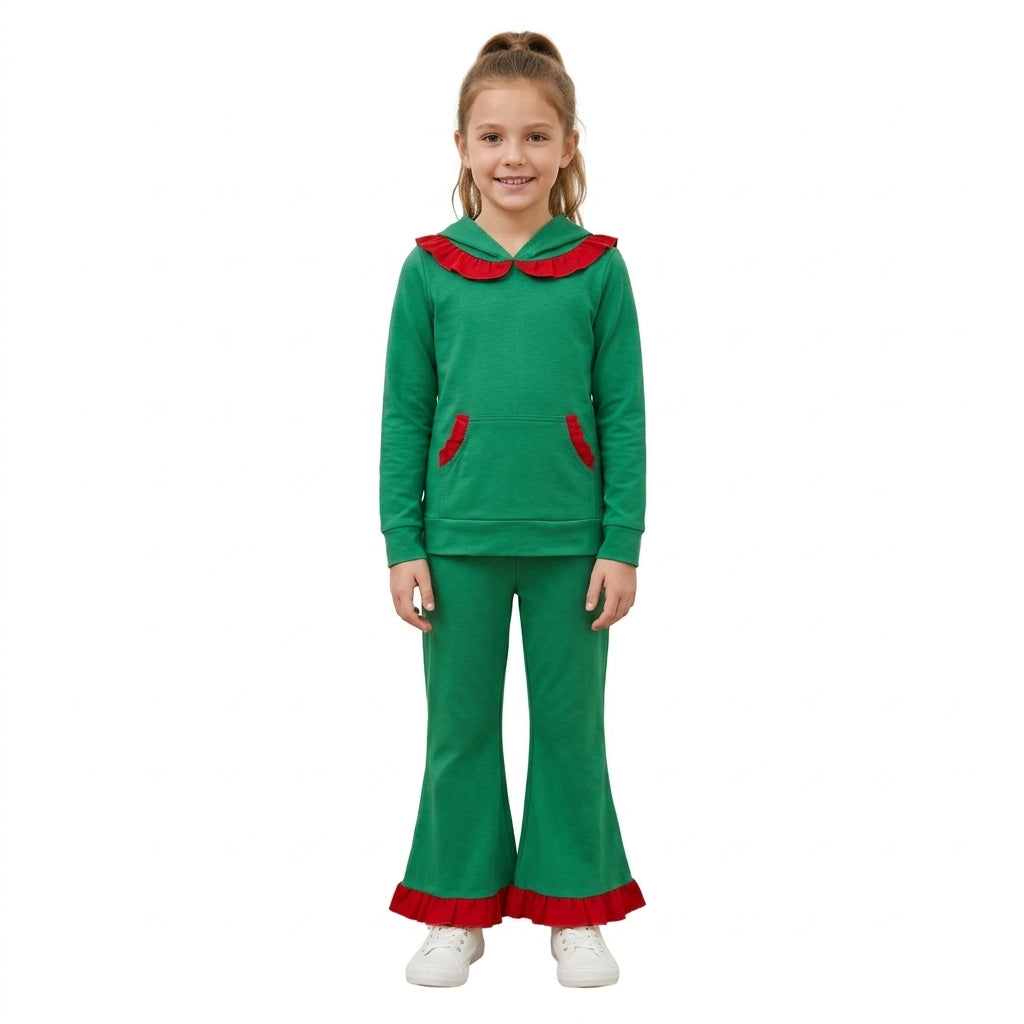 Baby Boys Green Pocket Ruffle Hoodie Bell Bottom Pant Christmas Clothes Set