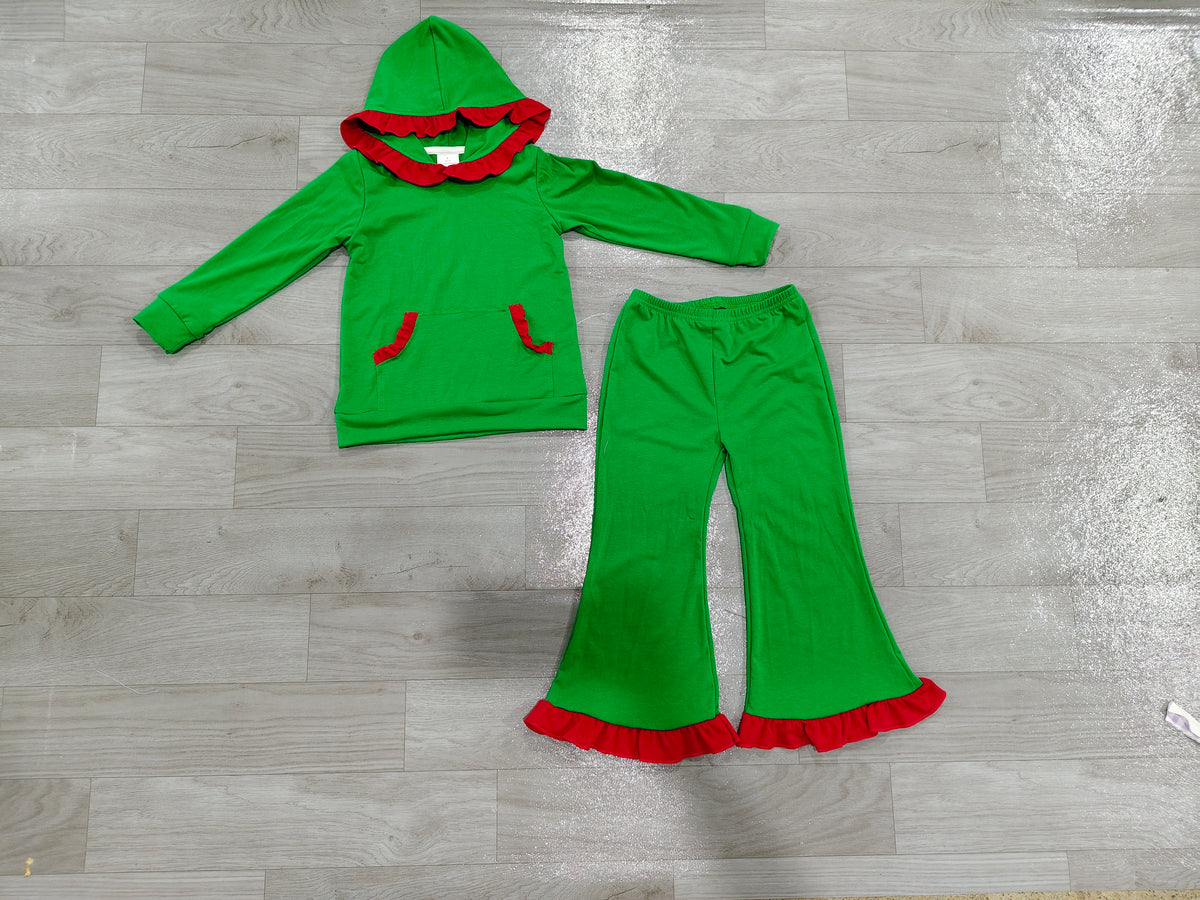 Baby Boys Green Pocket Ruffle Hoodie Bell Bottom Pant Christmas Clothes Set Preorder