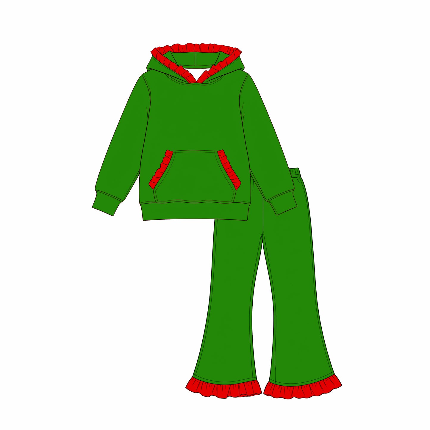 Preorder(moq 5) Baby Boys Green Pocket Ruffle Hoodie Bell Bottom Pant Christmas Clothes Set