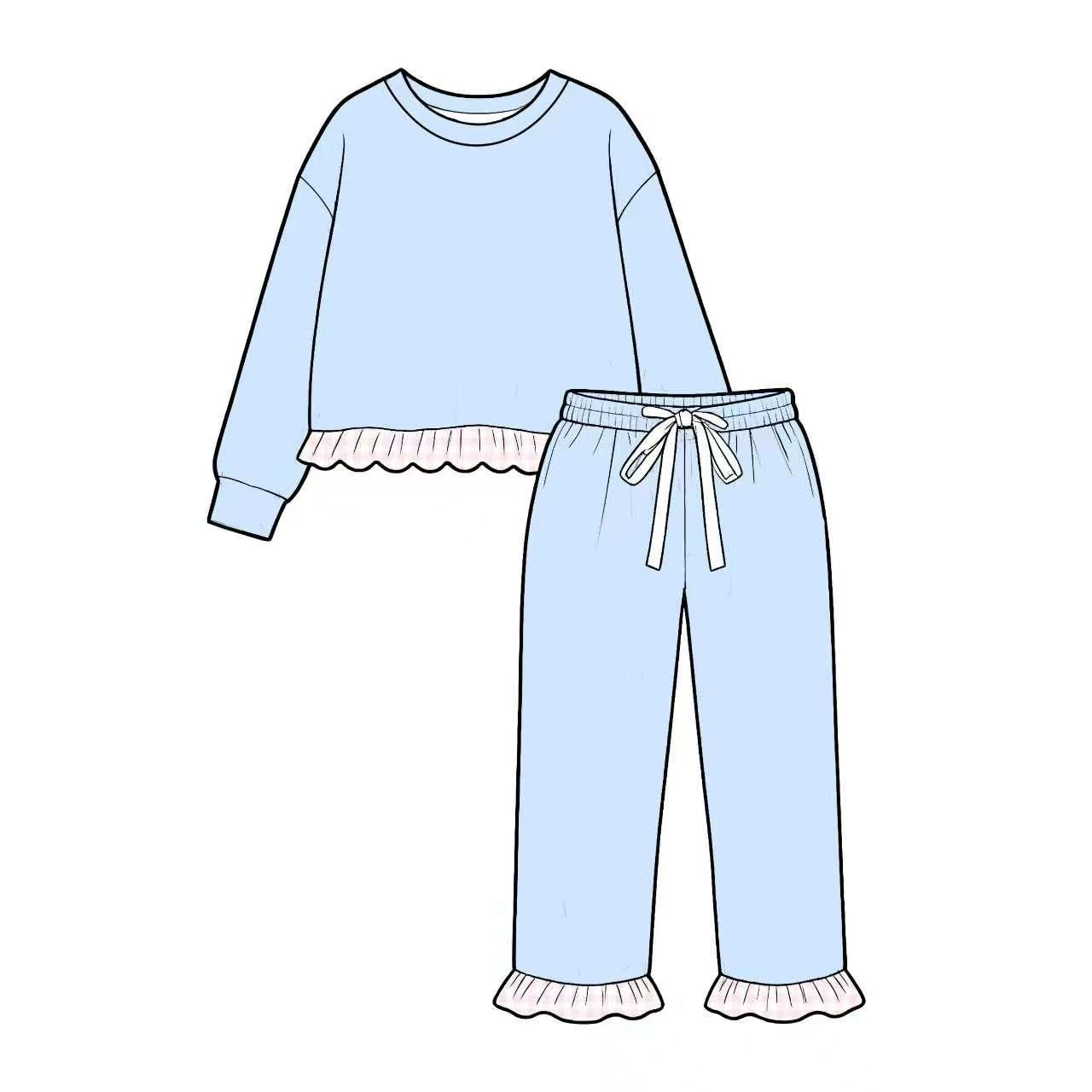 Preorder moq 5 Baby Girls Light Blue Long Sleeve Top Ruffle Pant Clothes Set