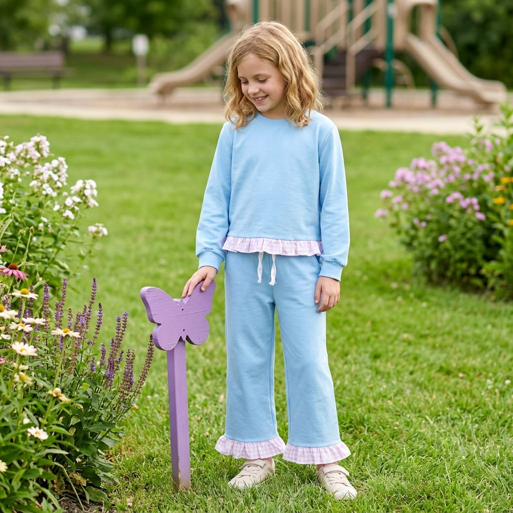 Baby Girls Blue Long Sleeve Top Pockets Ruffle Pant Clothes Set