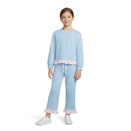 Baby Girls Blue Long Sleeve Top Pockets Ruffle Pant Clothes Set
