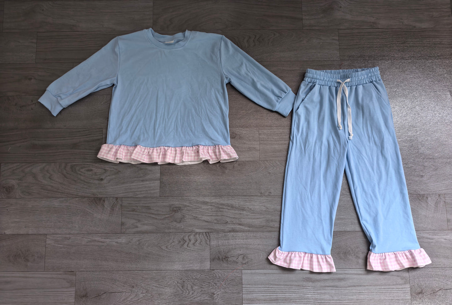 Baby Girls Light Blue Long Sleeve Top Ruffle Pant Clothes Set Preorder
