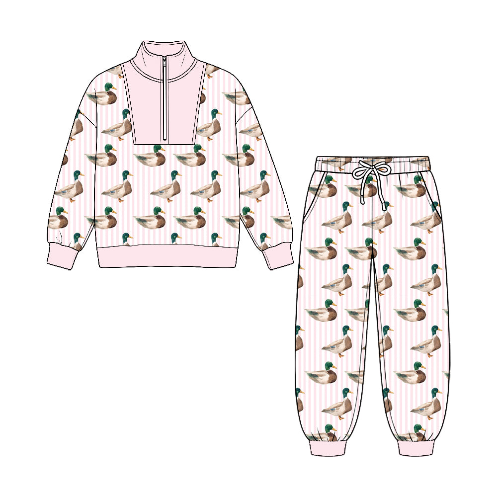 Preorder moq 5 Baby Girls Pink Stripe Ducks Zip Pullover Pockets Jogger Hunting Clothes Sets