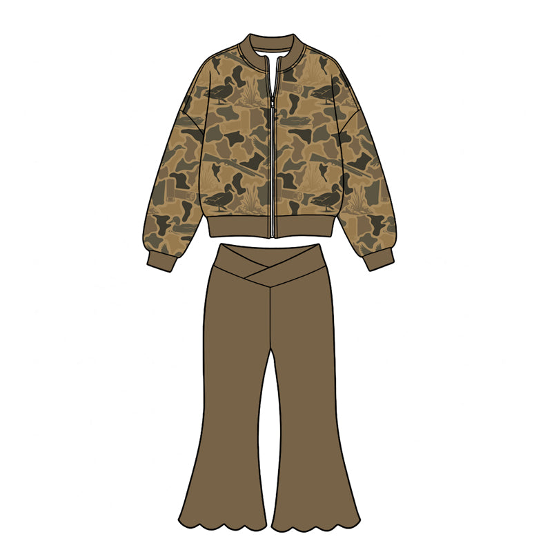 Preorder moq 5 Baby Girls Khaki Camo Zip Jacket Scallop Bell Bottom Pant Yoga Active Clothes Set