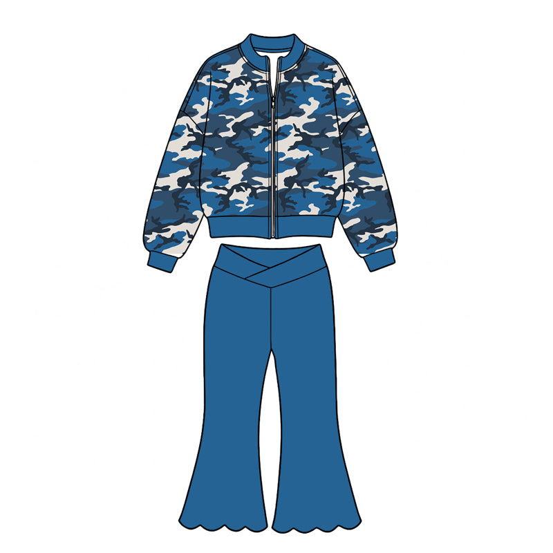 Preorder moq 5 Baby Girls Hot Blue Camo Zip Jacket Scallop Bell Bottom Pant Yoga Active Clothes Set