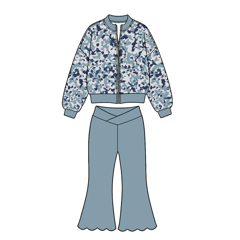 Preorder moq 5 Baby Girls Blue Camo Zip Jacket Scallop Bell Bottom Pant Yoga Active Clothes Set