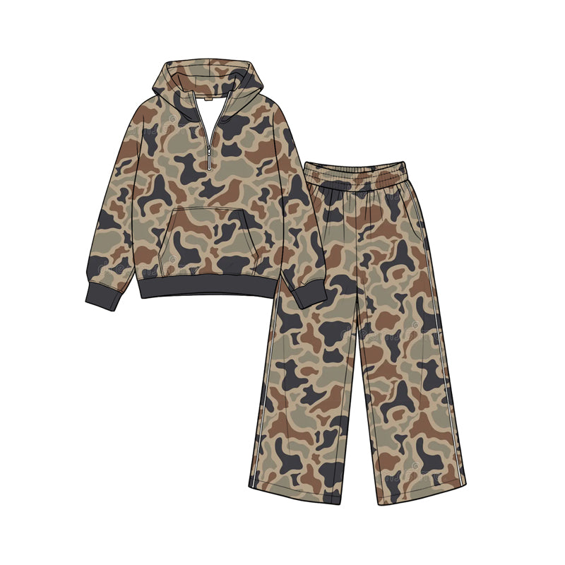 Preorder moq 5 Baby Girls Brown Camo Zip Pocket Hoodie Flare Pant Clothes Sets