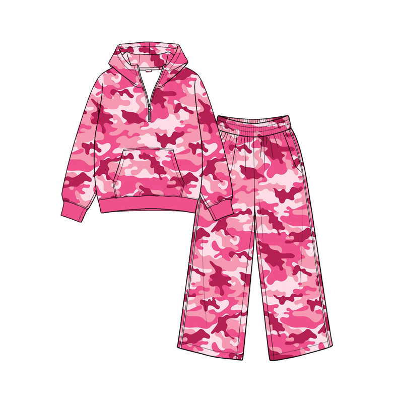 Preorder moq 5 Baby Girls Pink Camo Zip Pocket Hoodie Flare Pant Clothes Sets