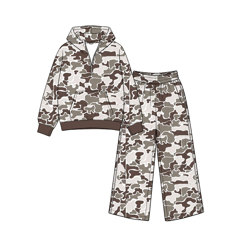 Preorder moq 5 Baby Girls Grey Camo Zip Pocket Hoodie Flare Pant Clothes Sets