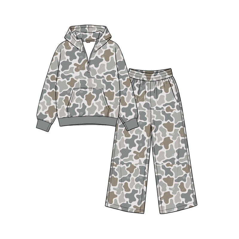 Preorder moq 5 Baby Girls Grey Khaki Camo Zip Pocket Hoodie Flare Pant Clothes Sets