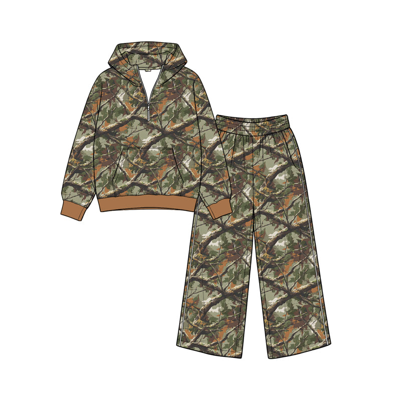 Preorder moq 5 Baby Girls Leaves Camo Zip Pocket Hoodie Flare Pant Clothes Sets