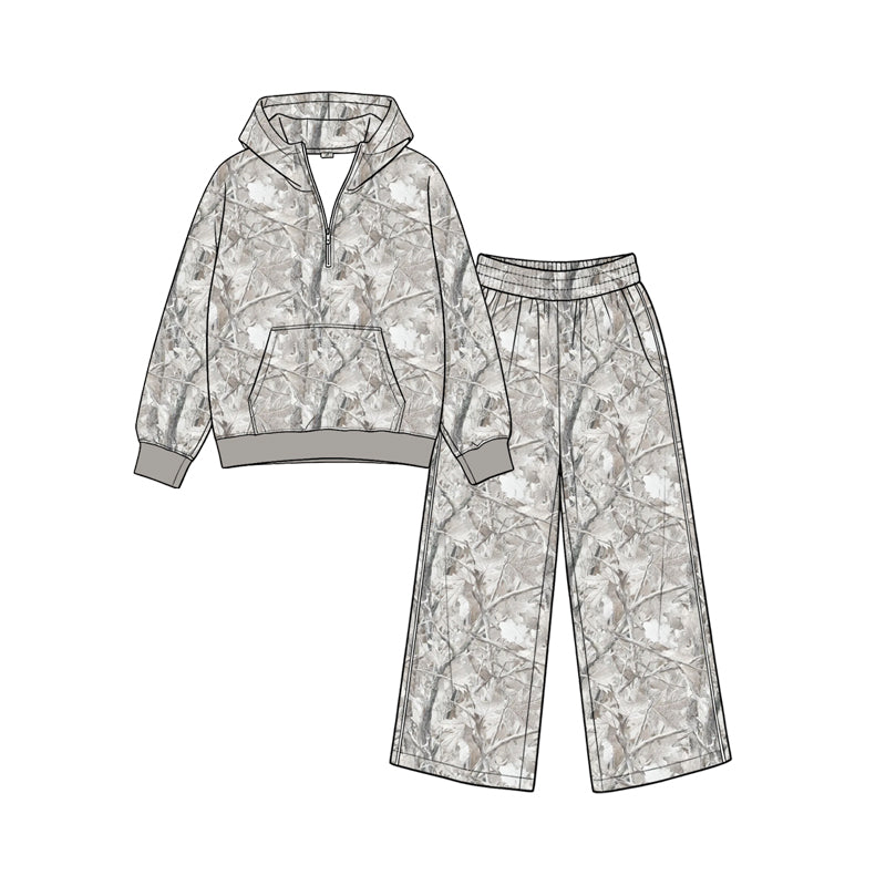 Preorder moq 5 Baby Girls Leaves Camo Zip Pocket Hoodie Flare Pant Clothes Sets