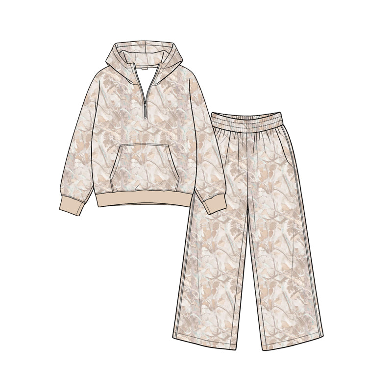 Preorder moq 5 Baby Girls Leaves Camo Zip Pocket Hoodie Flare Pant Clothes Sets