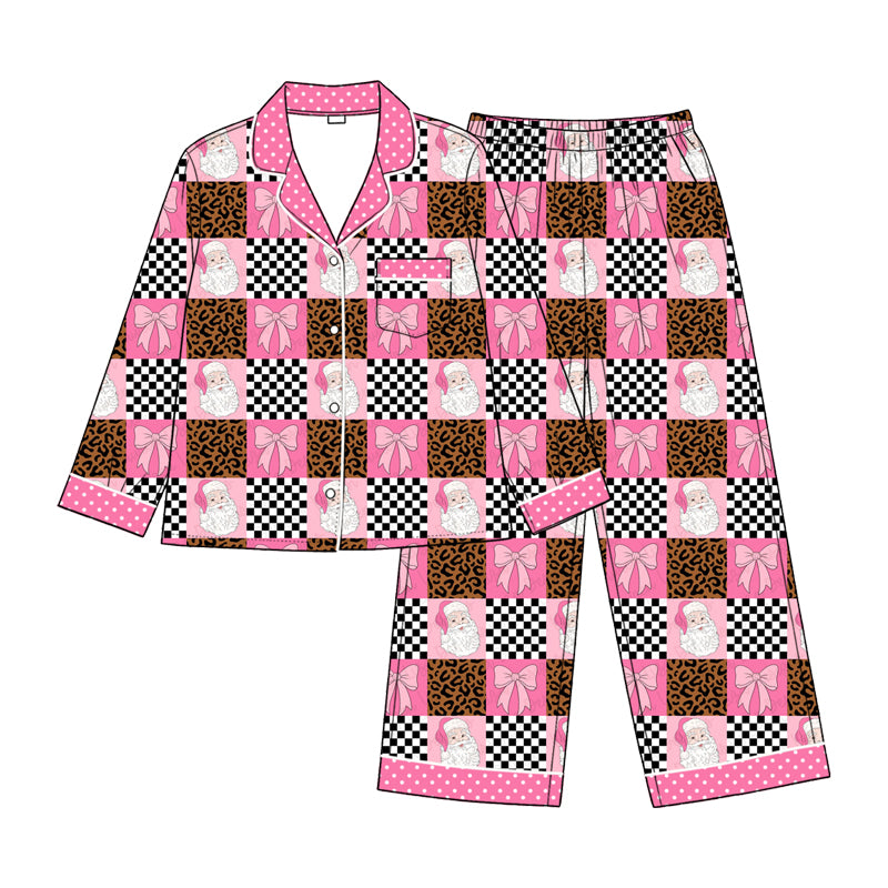 Preorder moq 5 Adult Women Santa Bows Pocket Button Top Pant Christmas Pajamas Set