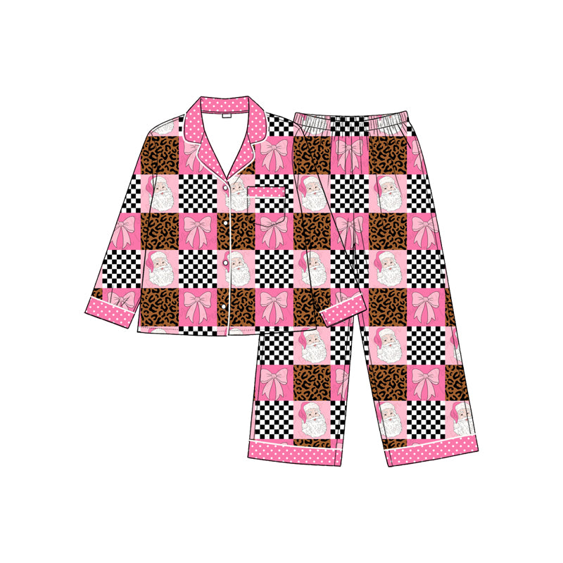Preorder moq 5 Baby Girls Bows Santa Checked Pocket Button Top Pant Christmas Pajamas Sets