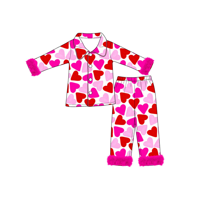 Preorder moq 5 Baby Girls Pink Red Hearts Button Top Pant Valentines Fur Sleeves Pajamas Sets