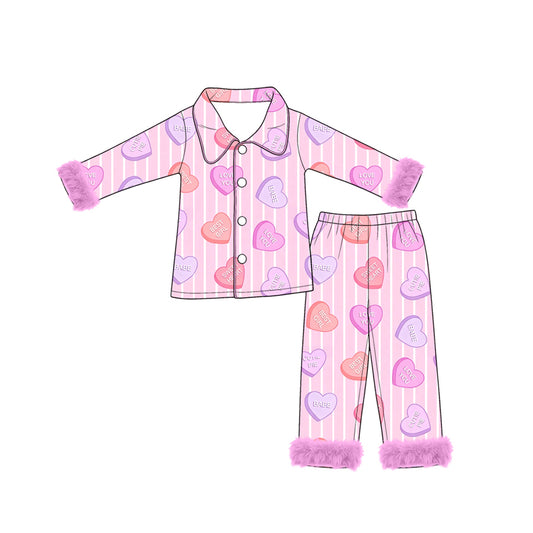 Preorder moq 5 Baby Girls Pink Stripe LOVE YOU Hearts Fur Sleeves Valentines Pajamas Sets