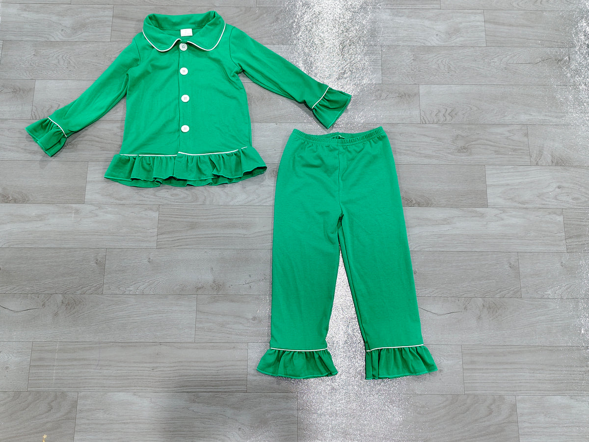 Baby Girls Dark Green Button Top Ruffle Pant Christmas Pajamas Sets Preorder