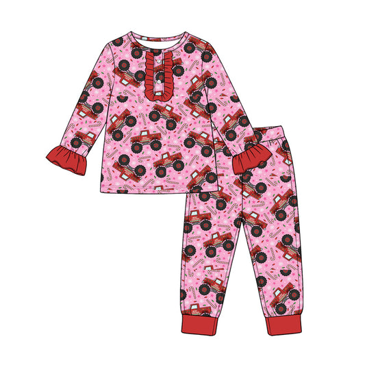 Preorder moq 5 Baby Girls Candy Cane Truck Button Top Ruffle Pant Christmas Pajamas Set
