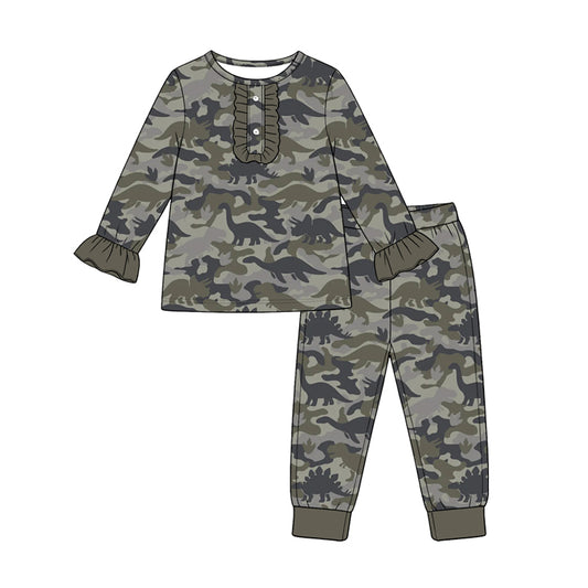 Preorder moq 5 Baby Girls Grey Camo Dinosaurs Button Top Ruffle Pant Pajamas Set