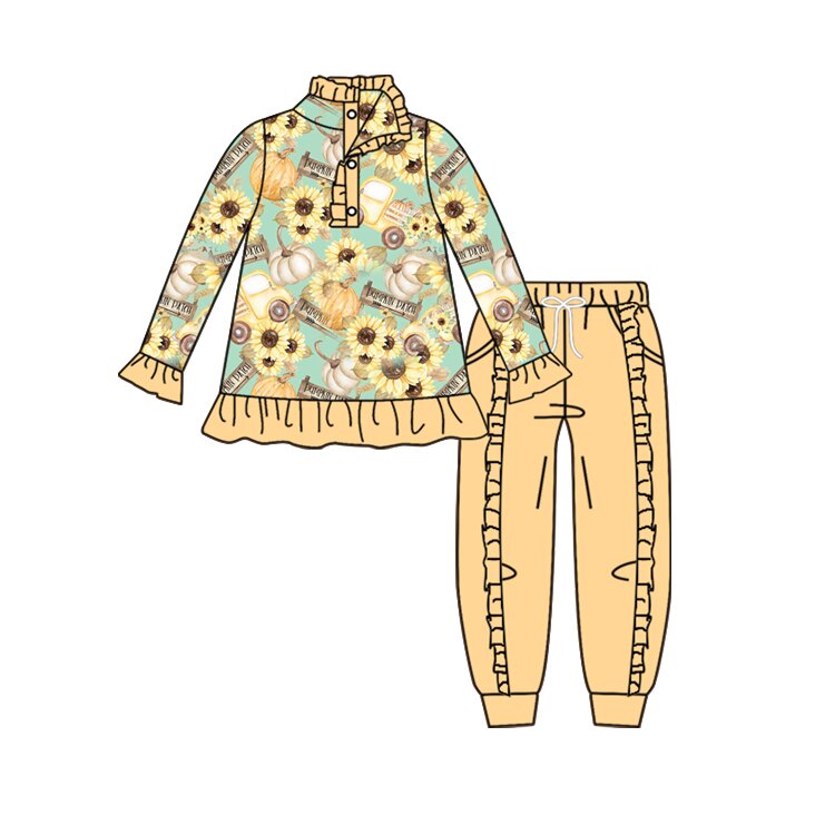 Preorder moq 5 Baby Girls Sunflowers Pumpkins Button Pullover Pockets Joggers Fall Set