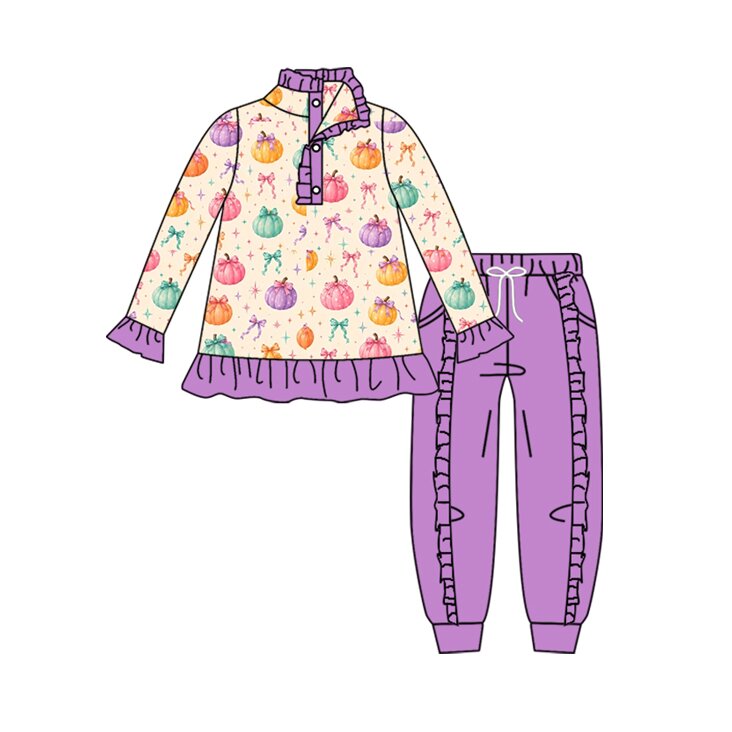 Preorder moq 5 Baby Girls Bows Pumpkins Button Pullover Pockets Joggers Fall Set