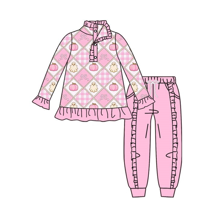 Preorder moq 5 Baby Girls Ghost Pumpkins Button Pullover Pockets Joggers Halloween Set